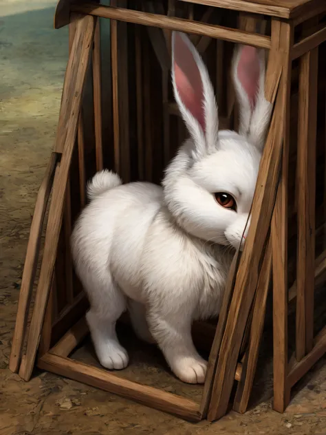 lapin albinos ,dans une cage ,ultra realism