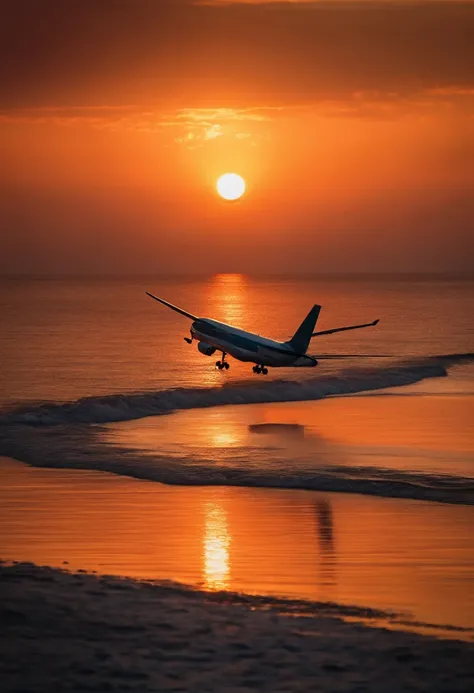 Airplane taking off over the sea on the background of the sunset