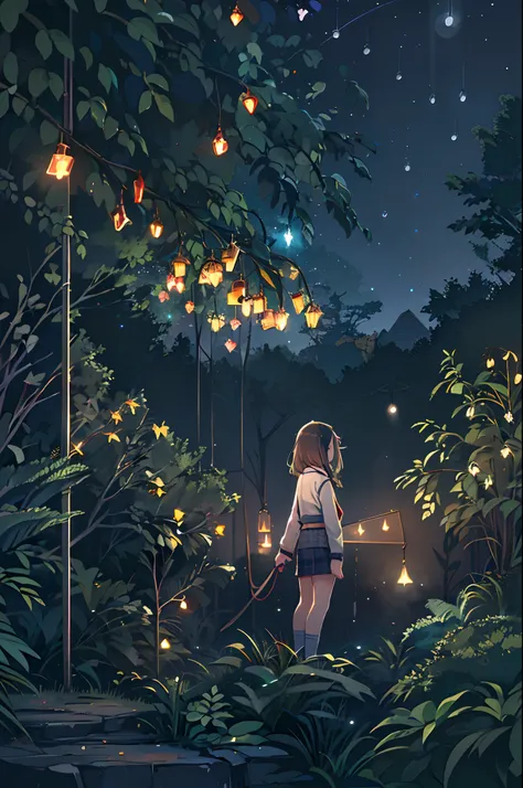 (8K, of the highest quality, masutepiece: 1.2), (Realistic, Photorealistic: 1.37), Super Detail, One girl, Wide-angle angle of view, Firefly Garden, There are many small faint lights and fireflies flying around, Night