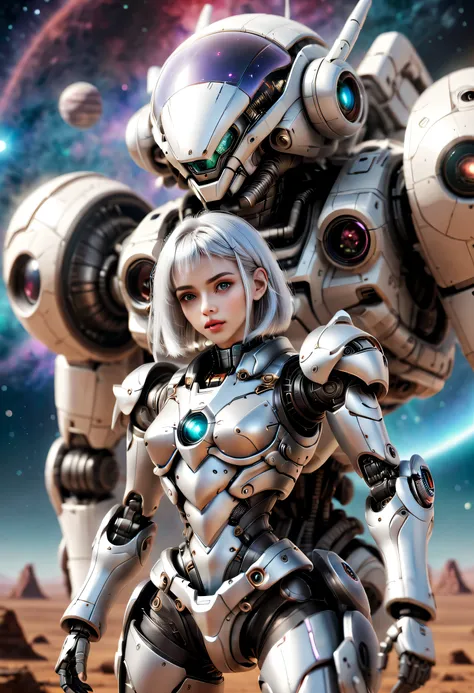 （（tmasterpiece，best qualtiy）），Beautiful 8K Ultra HD professional photos, Sharp focus, In a stunning fantasy world, Cute silver-haired girl，Large mechanical robot structure，Interstellar，Endless space，ssee-through，depth of fields，Magnificent space image scen...