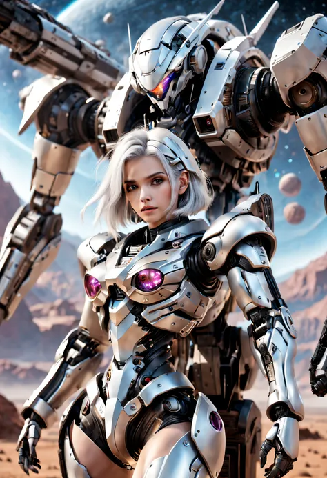 （（tmasterpiece，best qualtiy）），Beautiful 8K Ultra HD professional photos, Sharp focus, In a stunning fantasy world,Heavily armed silver-haired girl，，Large mechanical robot structure，Interstellar，Endless space，ssee-through，depth of fields，Magnificent space i...