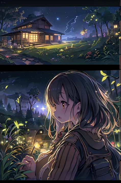 (8K, of the highest quality, masutepiece: 1.2), (Realistic, Photorealistic: 1.37), Super Detail, One girl, Wide-angle angle of view, Firefly Garden, There are many small faint lights and fireflies flying around, Night