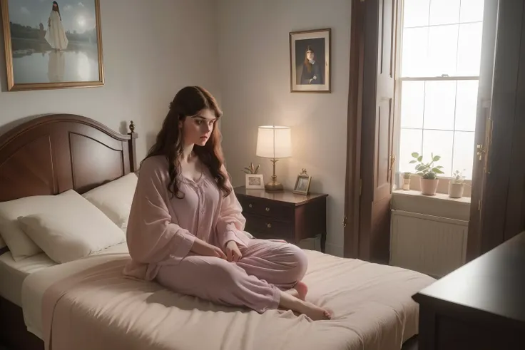 year: 2023. Location: England. Pre-Raphaelite scene with a 32-year-old Alexandra Daddario, sitting, ((modern bedroom)), pyjammas, sad, crying, ((big tears)), ((((Clothing from the 2020s)))) ((Hairstyle of the 2020s)), ((("OMITB" cinematography)))