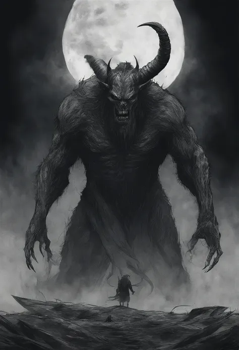 ugly monster, beast, demonic being, anime art style, creature, horse demon, goat head, horns, long head, giant, full body, looking at sky, angry, mouth open, animal body