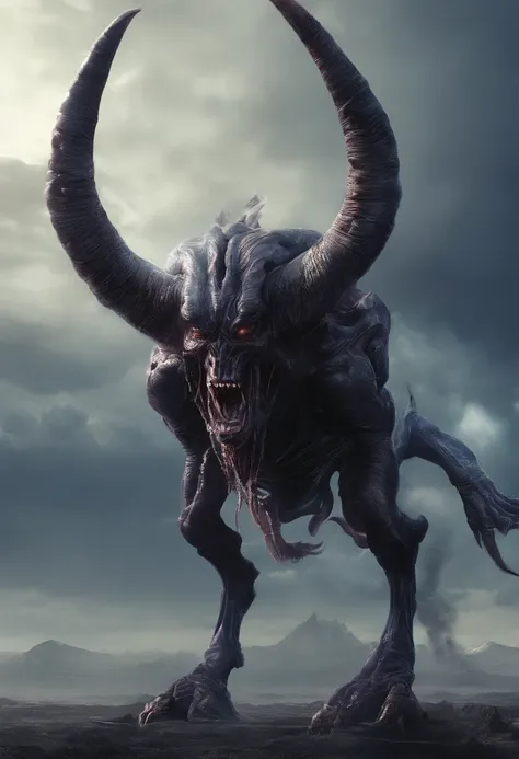 ugly monster, beast, demonic being, anime art style, creature, horse demon, goat head, horns, long head, giant, full body, looking at sky, angry, mouth open, animal body