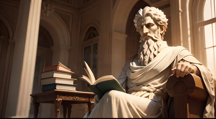 Stoic and highly detailed sculpture of the philosopher Epictetus
Sitting on a stone chair, Position of authority/teaching
Holding an open book titled "El Manual de