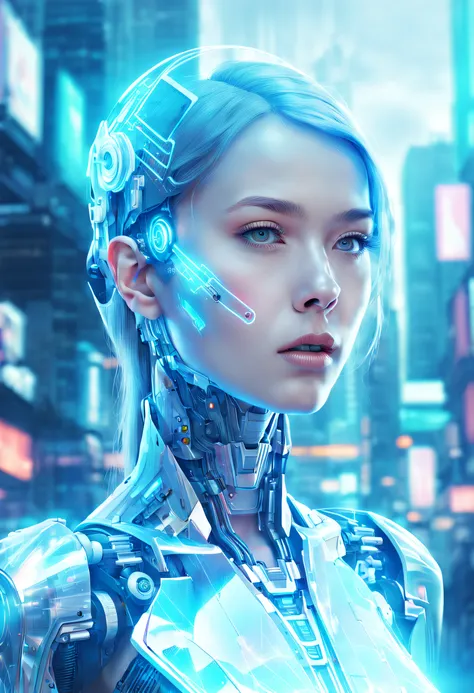 mecha-girl，futuristic virtual holographic digital image background，（doubleexposure：1.8），complex illustrations in surrealist art ...