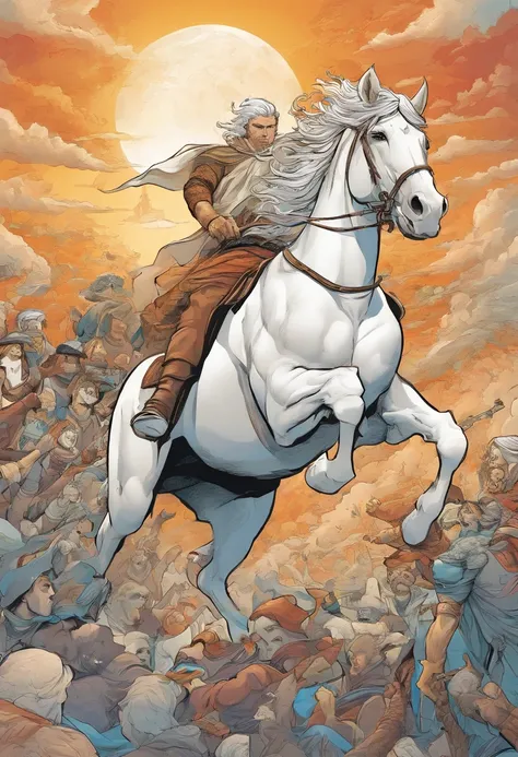 Homem de branco montado em um cavalo branco. Crowd riding on a white horse. Cavalos cavalgando sobre as nuvens. Tais saindo das nuvens. Em baixo das nuvens vem o inferno.