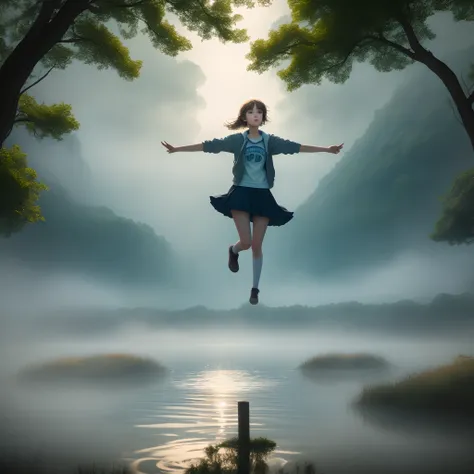 Full body image of a ghostly teenage girl floating above a lake surrounded by mist in the morning, movie lighting, high definition.