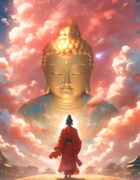 ((masutepiece))，(Best Quality))，china style，In the sky, The clouds form a huge transparent and shining white jade Maitreya Buddha image，Thick clouds，sun shining，Pilgrims on the road，Hyper-realistic，Ultra photo realsisim，Pink，8K，High Definition，high quarity...