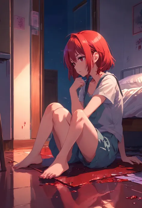 a red hair girl, sitting at her bedroom floor, blood on the floor, blood on her, sad face, knife on the groung, night, dark, side view, distant view, dramatic, creepy scene