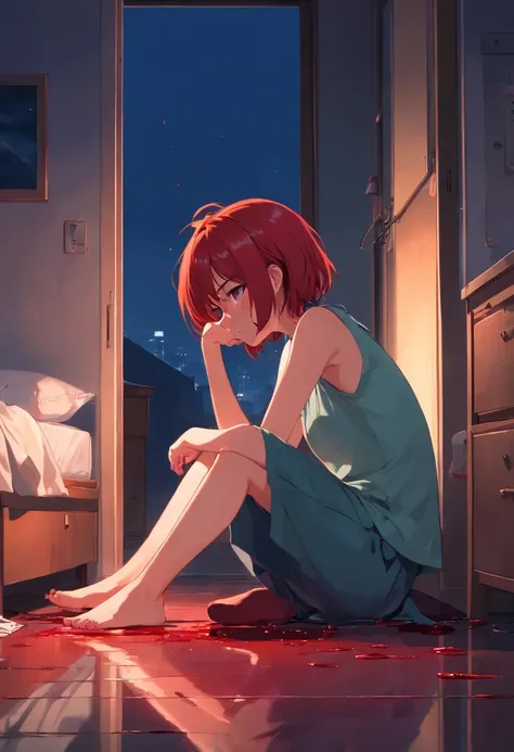 a red hair girl, sitting at her bedroom floor, blood on the floor, blood on her, sad face, knife on the groung, night, dark, side view, distant view, dramatic, creepy scene