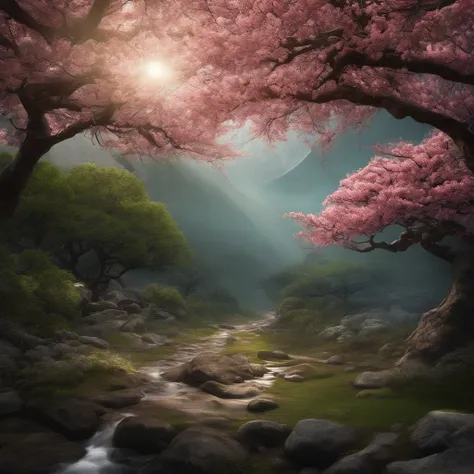 Best quality, Masterpiece, 超高分辨率, (photograph realistic:1.4), surrealism, Dream-like,fusionart, under a sakura tree，rays of moonlight，Rocky ground