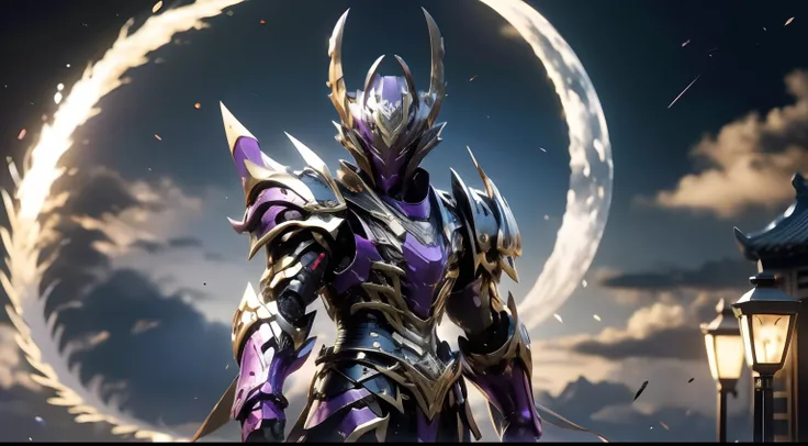 Huge Chinese imperial palace，Wide square，the night，themoon、Standing a handsome man in purple armor，Deep purple armor，Dragon helmet，Black sword in hand，Black Sword