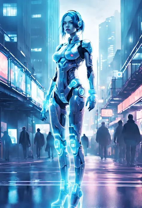 mecha-girl，futuristic urban background，（Doubleexposure：1.8），Complex illustrations in surrealist art style，Surreal dreams，Incognito as a virtual hologram person，