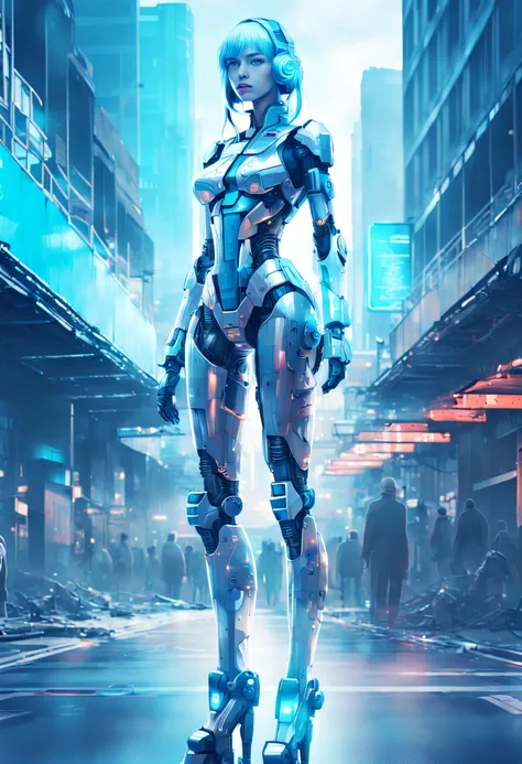 mecha-girl，futuristic urban background，（Doubleexposure：1.8），Complex illustrations in surrealist art style，Surreal dreams，Incognito as a virtual hologram person，