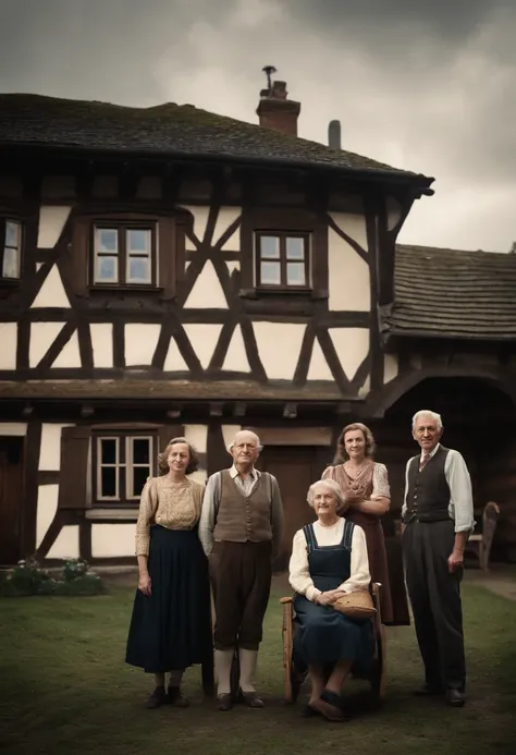 Full-length photograph: A German family stands in front of a half-timbered house in Germany in the 1930s. The very elderly grandparents are sitting in chairs while the son and wife are standing next to their teenage daughter, The Triplet Boys