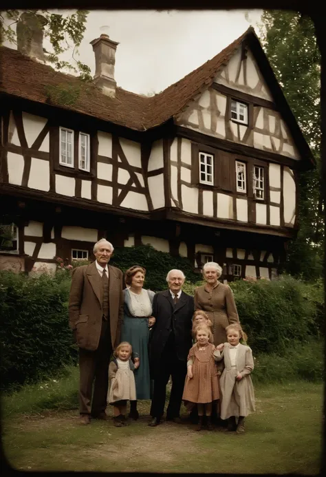 Full-length photograph: A German family stands in front of a half-timbered house in Germany in the 1930s. The very elderly grandparents are sitting in chairs while the son and wife are standing next to their teenage daughter, The Triplet Boys