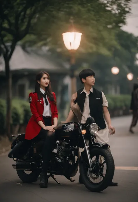 Japan lovers、Boys and girls、Standing side by side facing the front、Girl has straight long hair and wears a skirt uniform、The boy has short hair and wears a black uniform.２People smile、In front of the round light motorcycle、Clear