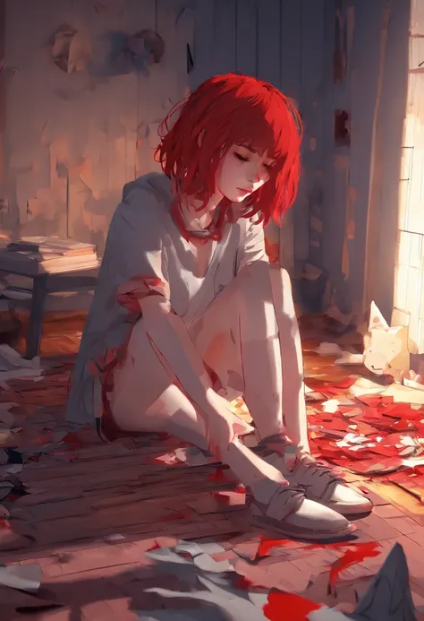 a red hair girl, sitting at her bedroom floor, blood on the floor, blood on her, sad face, knife on the groung, night, dark, side view, distant view, dramatic, creepy scene, crying, sad face, sad, dark, no light