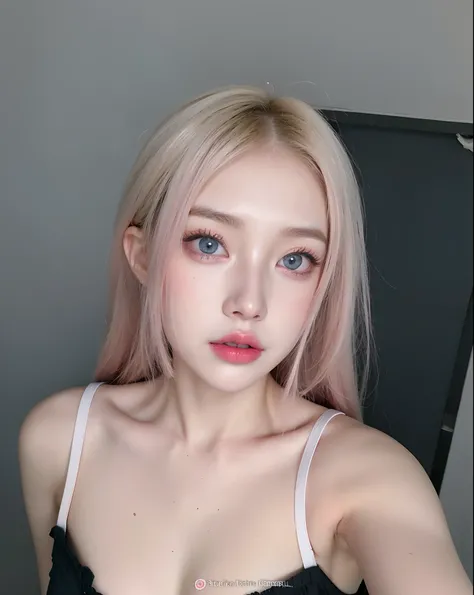 Blu-eyed blonde woman posing for a photo, sensual face，Full of makeup, skydoll noa, ahegao face, Smooth pink skin, belle delphine, ulzzangs, popular korean makeup, pale porcelain white skin, sakimichan, pink face, pink twintail hair and cyan eyes, perfect ...