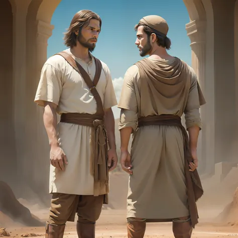 They are young men who are standing together in the dirt, Joseph and Joseph, biblical art, biblical photo, epic biblical representation, reassuring, biblical illustration, biblical image, amazing detail, realistic depiction, biblical art style,