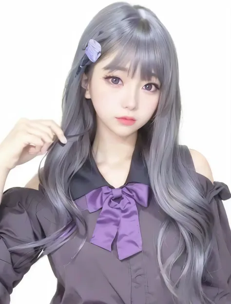 close up portrait of long-haired woman wearing purple bow, white hime cut hairstyle, sakimichan, light gray long hair, hime-cut,...