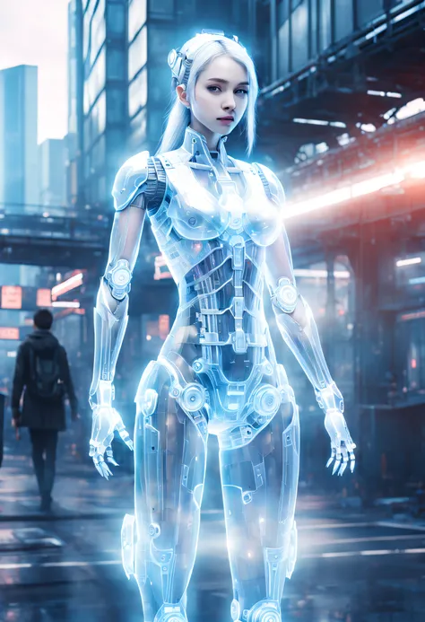 translucent ethereal mechanical girl，futuristic girl，mechanical joints，mecha-girl，futuristic urban background