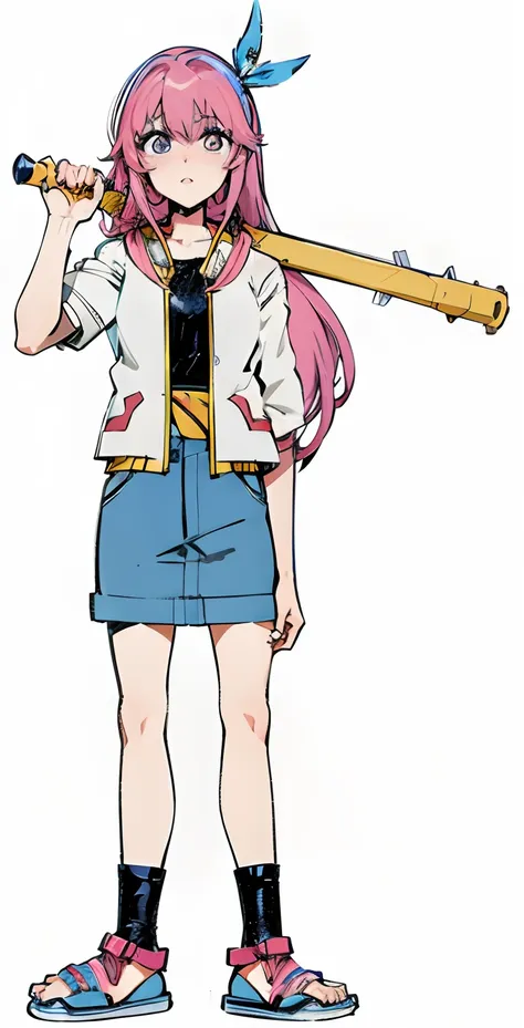 garota de anime com cabelo rosa segurando um taco de beisebol e usando uma saia, space dandy style, menina do anime chamada lucy...