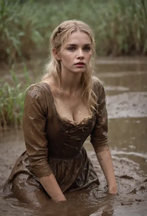 a beaten, wet, mud-covered blond little lolita in a completely dirty dress and tights crawls through a dirty deep swamp in the rain, her dress is riddled with mud.