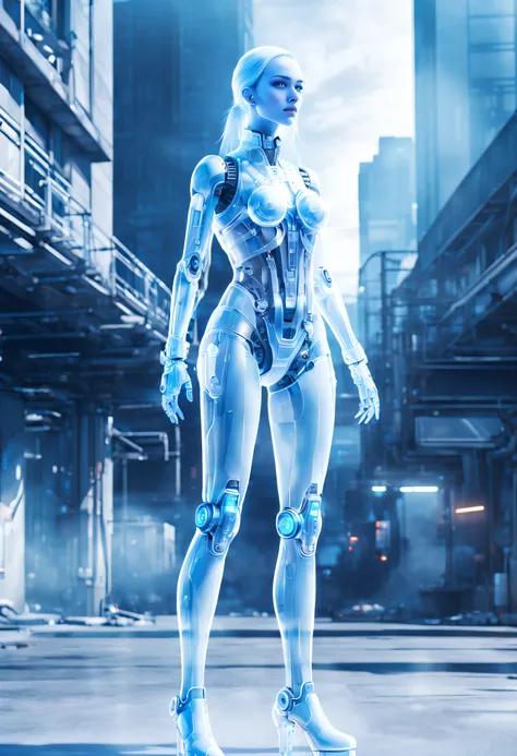 Translucent ethereal mechanical girl，Futuristic girl，Mechanical joints，mecha-girl，futuristic urban background