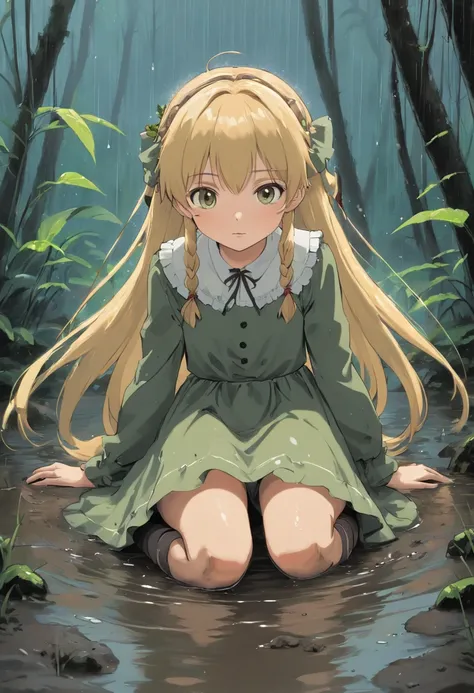 a beaten, wet, mud-covered blond little lolita in a completely dirty dress and tights crawls through a dirty deep swamp in the rain, her dress is riddled with mud.