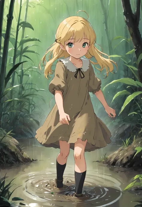 a beaten, wet, mud-covered blond little lolita in a completely dirty dress and tights crawls through a dirty deep swamp in the rain, her dress is riddled with mud.