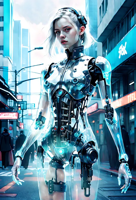 complex illustrations in surrealist art style，translucent ethereal mechanical girl，futuristic girl，mecha-girl，futuristic girl，me...