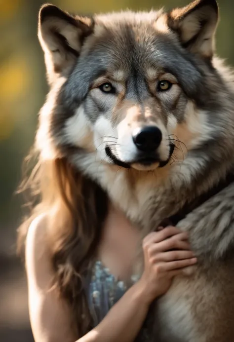 A huge wild gray wolf protecting a beautiful girl
(masterpiece: 1.5) (photorealistic: 1.1) (bokeh) (best quality) (detailed skin texture pores hair: 1.1) (intricate) (8k) (HDR) (wallpaper) (cinematic lighting) (sharp focus )