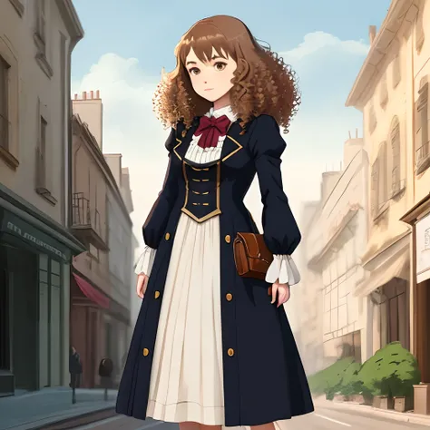 can  you draw a person with tan skin curly hair in Belle Epoque era clothes in flcl anime style full body