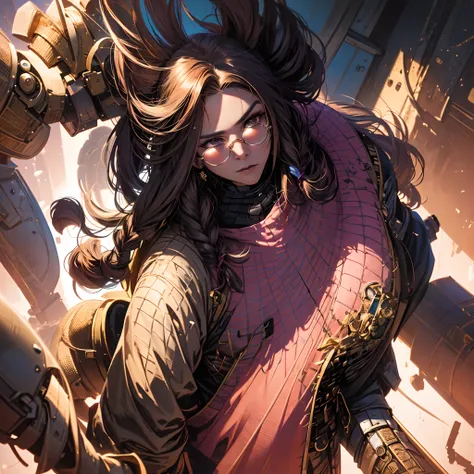 marvel comic panel, make a 23 year old with chest length hair in braids with round thin gold glasses, wearing a pink black spider man suit, with brown eyes, with a faded scar on her cheek, doing dramatic pose