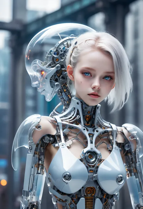 Translucent ethereal mechanical girl，Futuristic girl，Mechanical joints，mecha-girl，futuristic urban background