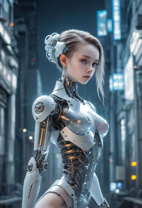 Translucent ethereal mechanical girl，Futuristic girl，Mechanical joints，mecha-girl，futuristic urban background