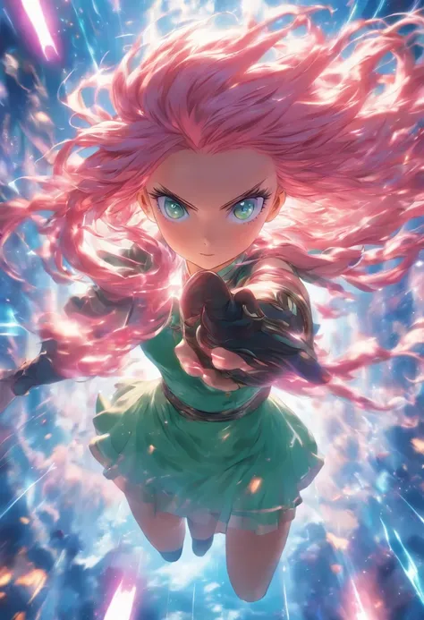 foreshortening,  Depth of field, Master Part, Best Quality, 1girl, pink hair, bluish-green eyes,  mid length hair, Floating,Pink Rays, Odin, looking a viewer,Pink Dress, flying,  Dim sunlight,