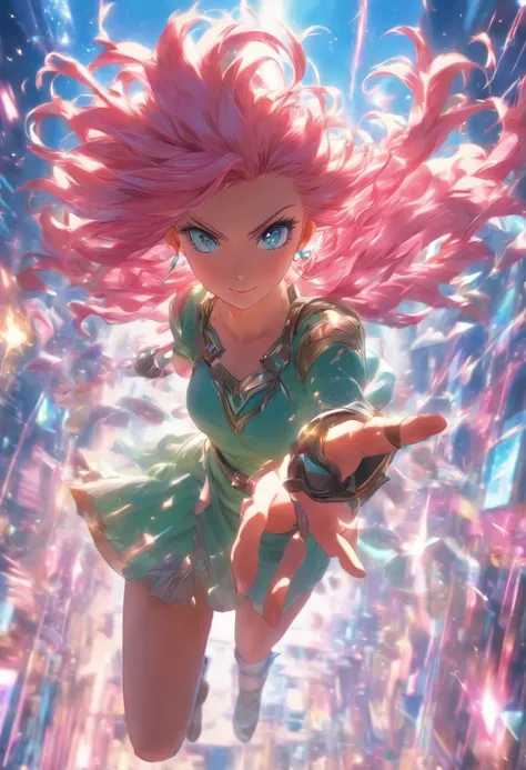 foreshortening,  Depth of field, Master Part, Best Quality, 1girl, pink hair, bluish-green eyes,  mid length hair, Floating,Pink Rays, Odin, looking a viewer,Pink Dress, flying,  Dim sunlight,