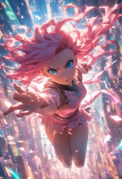 foreshortening,  Depth of field, Master Part, Best Quality, 1girl, pink hair, bluish-green eyes,  mid length hair, Floating,Pink Rays, Odin, looking a viewer,Pink Dress, flying,  Dim sunlight,