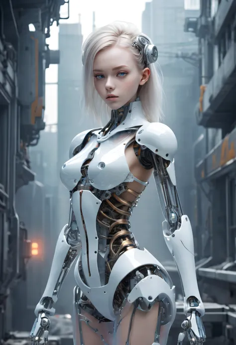 Translucent ethereal mechanical girl，Futuristic girl，Mechanical joints，mecha-girl，futuristic urban background