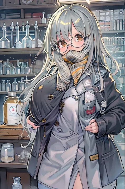 Chemical Fiction,flask ,Woman,,28 years old,Zito-order,Brown eyes,Long hairstyle,Unkempt hair、White-gray on black hair,Scientist uniform,White researcher coat,Open Meadow,lab room、stoop、big round glasses、with hands in pockets、huge-breasted、Chibi