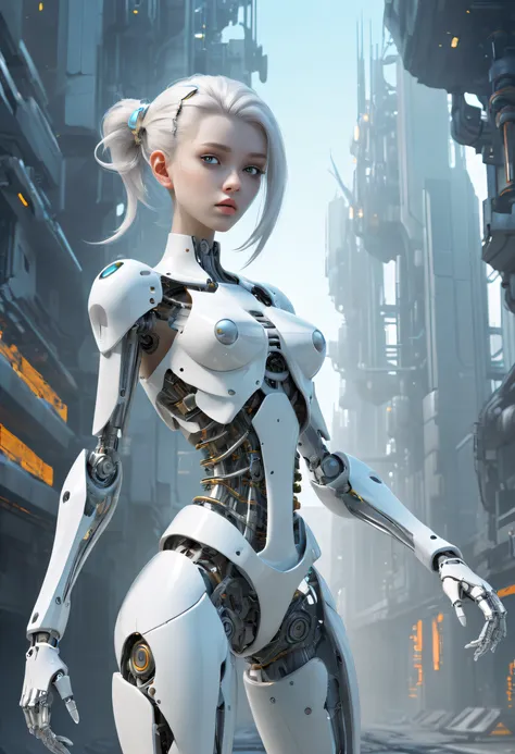 Translucent ethereal mechanical girl，Futuristic girl，Mechanical joints，mecha-girl，futuristic urban background