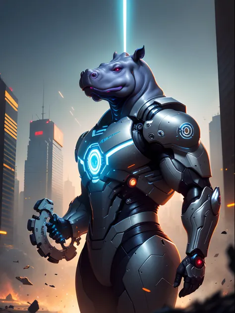 Dark_Fantasy,Cyberpunk, (Best Quality, Masterpiece),White,1Person,Mechanical Miracle,Robotic hippopotamus Presence,Cybernetic Guardian,Wearing a Cybernetic Jacket, Futuristic from Marvel, (Cyborg), hippopotamus, City, Highest Quality Digital Art, Stunning ...