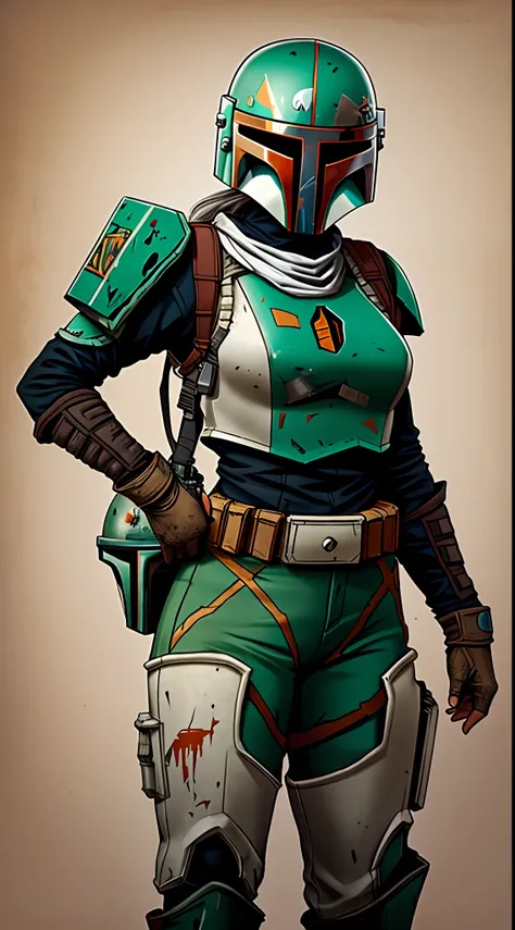 Female Boba Fett wearing a helmet painted like a Day of the Dead skull