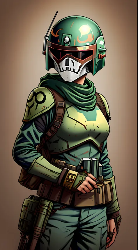 Female Boba Fett wearing a helmet painted like a Day of the Dead skull