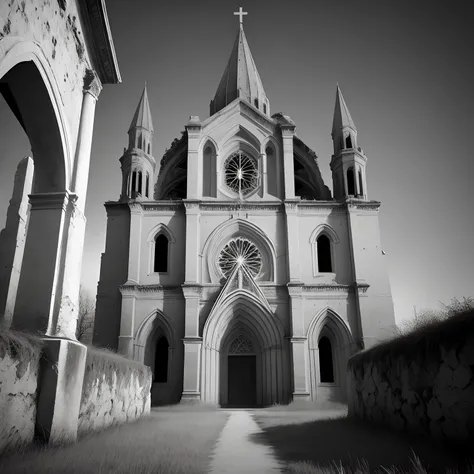 Old abandoned cathedral from the end of the 18th century in gray tones from the outside