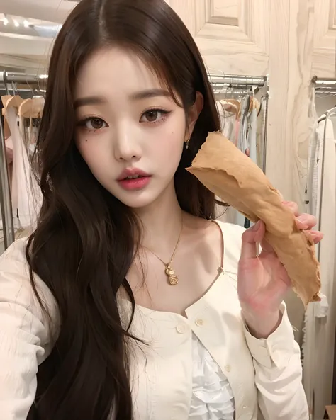 Araffe girl with long black hair holding a piece of food, Ulzzang, Lalisa Manobal, Mukbang, Jaeyeon Nam, Jinyoung Canela, Bae Suzy, tzuyu de duas vezes, jennie blackpink, menina coreana, Heonhwa Choe, v tuber, 韓国アイドル, Parque Roseanne do Blackpink, Gongbi